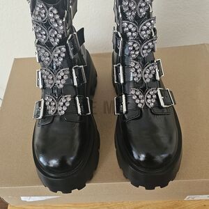 Black Embellished Buckle Butterfly  Boots
